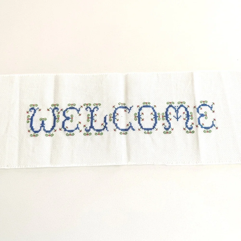 Handmade Welcome Cross Stitch Embroidery Sampler Blue Floral Decor‎ 17.5x6
